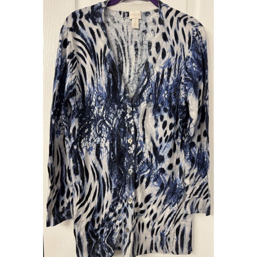 Chico's Blue Animal Print Button Up Cardigan Sweater size 2 White‎ Black